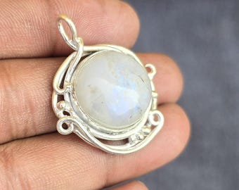 May include: A round, white moonstone pendant with a silver filigree setting. The moonstone has a subtle, iridescent glow. The pendant is held by a hand against a gray background. The pendant is approximately 1 inch in diameter.