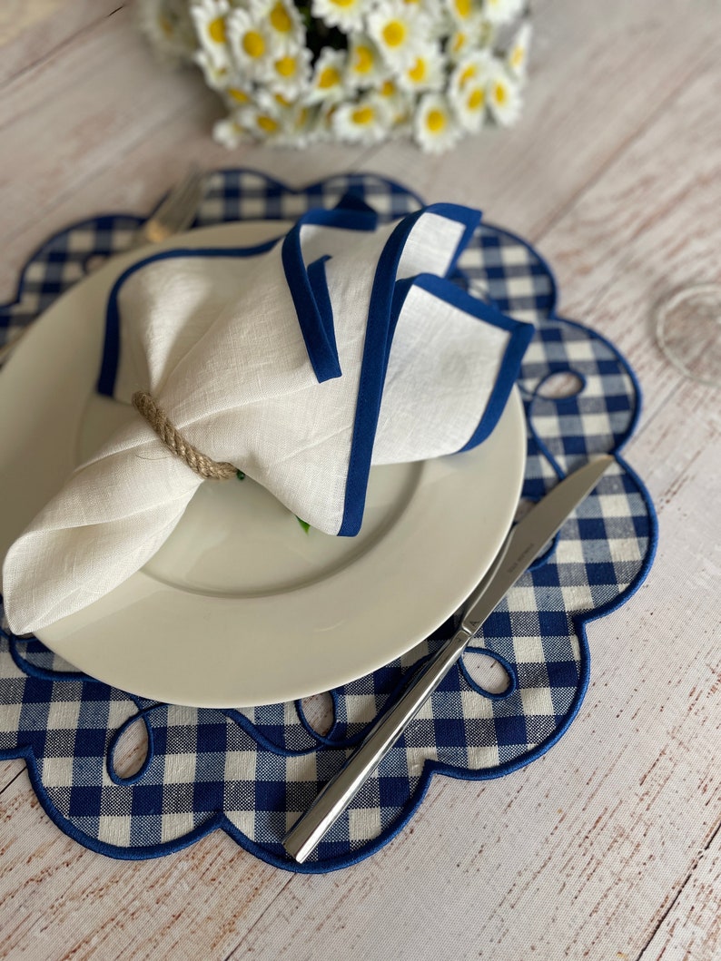 Blue Gingham Round Table Mat, Scalloped Trim Round Placemat, Dining