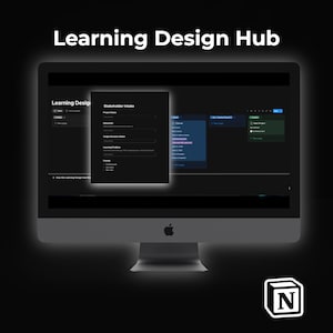 Puede incluir: Un monitor de computadora que muestra una interfaz de Learning Design Hub con una superposición de formulario de Stakeholder Intake. La pantalla muestra datos de gestión de proyectos en modo oscuro. El logo de Notion aparece en la esquina inferior.