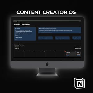 Könnte beinhalten: Ein Computerbildschirm, der die Benutzeroberfläche "Content Creator OS" anzeigt. Der Bildschirm hat ein dunkles Design mit weißem Text und blauen Hervorhebungen. Der Text "Ultimate Content Creator OS for Notion" befindet sich unten, zusammen mit dem Notion-Logo.