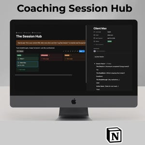 Könnte beinhalten: Ein Computermonitor, der eine Vorlage für einen Coaching-Session-Hub anzeigt. Der Bildschirm zeigt eine dunkle Oberfläche mit Kundeninformationen, Sitzungsberichten und Aktionspunkten. Der Text "Coaching Session Hub" steht oben. Am unteren Bildschirmrand steht "Notion Template | Coaching Session".