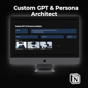 Könnte beinhalten: Ein Computerbildschirm zeigt "Custom GPT & Persona Architect". Der Bildschirm zeigt eine Softwareoberfläche mit Optionen für KI-Teammanagement und benutzerdefinierte GPTs. Der untere Teil des Bildes enthält den Text: "The ultimate Notion architect for Custom GPTs, Claude Projects & AI Personas."
