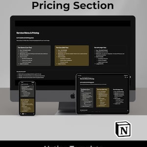 Könnte beinhalten: Ein Computermonitor, ein Tablet und ein Smartphone zeigen einen "Preisbereich" für eine Notion-Vorlage. Der Bildschirm zeigt Servicestufen: Starter, Core und VIP, mit enthaltenen Funktionen. Das Notion-Logo befindet sich unten.