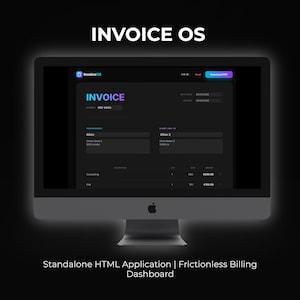 Pode incluir: Um monitor de computador exibe uma interface de fatura com o texto "INVOICE OS" no topo. A tela mostra uma fatura com detalhes do cliente, descrições e valores. A parte inferior da tela diz "Standalone HTML Application | Frictionless Billing Dashboard."