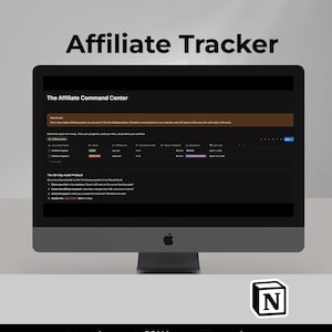 May include: A black computer monitor displaying the words "Affiliate Tracker" and "Notion Affiliate Tracker." The screen shows a dark interface with data tables and text. The Apple logo is visible at the bottom of the monitor.