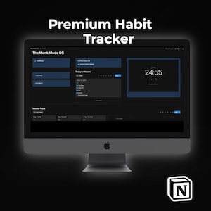 Könnte beinhalten: Ein Computermonitor, der eine Habit-Tracker-Oberfläche anzeigt. Der Bildschirm zeigt eine dunkle Oberfläche mit blauen und weißen Elementen, einschließlich Zeitverfolgung und Aufgabenverwaltungsbereichen. Auf dem Bildschirm steht "Premium Habit Tracker" und "The Monk Mode OS."