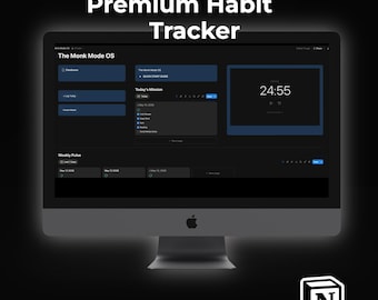Monk Mode OS, Premium Habit Tracker Notion Template, Focus Timer & Dopamine Detox Dashboard, Daily Routine Planner, ADHD Organization