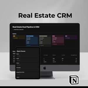 Könnte beinhalten: Ein Computermonitor und ein Tablet zeigen eine Immobilien-CRM-Oberfläche an. Der Bildschirm zeigt eine Deal-Pipeline und Kundeninformationen. Der Text auf dem Bildschirm lautet "Real Estate CRM" und "Realtor CRM & Transaction Tracker."