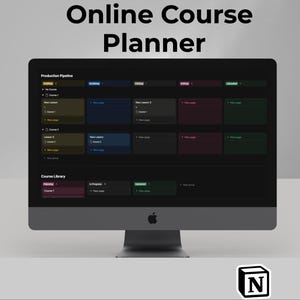 May include: A silver Apple computer displays an "Online Course Planner" interface. The screen shows a dark-themed production pipeline with color-coded sections and the text "Course Production & Teleprompter OS". A white "N" logo is in the bottom right.