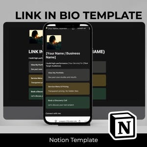 Puede incluir: Un teléfono inteligente y un monitor de computadora muestran una "Plantilla de enlace en la biografía" con un logotipo de Notion. La pantalla del teléfono muestra una plantilla con secciones para el nombre de la empresa, la cartera, el menú de servicios y una llamada de descubrimiento.