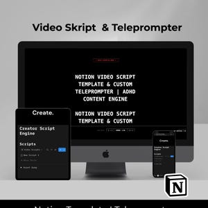 Könnte beinhalten: Ein schwarzer Computermonitor, ein Tablet und ein Smartphone zeigen den Text "Video Skript & Teleprompter" und "Notion Video Script Template & Custom Teleprompter". Die Geräte präsentieren eine Skript-Engine und eine Notion-Vorlage.