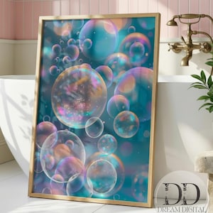 May include: A rectangular wall art print in a light wood frame featuring a vibrant digital illustration of translucent, iridescent soap bubbles floating against a deep teal background with soft pink and orange light reflections on the bubble surfaces.
