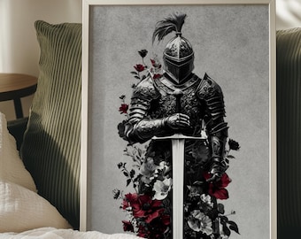 Medieval Knight Wall Art, Gothic Fantasy Decor, Dark Academia Poster, Medieval Armour with Flowers (Digital Download)