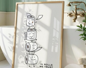 Funny Bathroom Wall Art In Rolls We Trust | Minimalist Toilet Paper Print | Cute Cartoon Bathroom Decor | Quirky Guest Toilet Art (Digital)