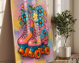 Retro Roller Skates Art Print Colourful Floral Funky 70s Poster Digital Download Gift for Teen Girl Bedroom Decor INSTANT DIGITAL DOWNLOAD