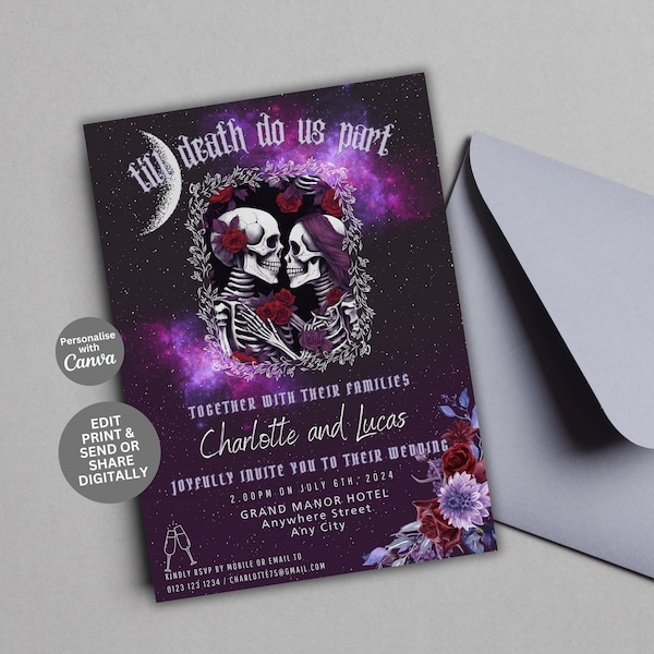 Till Death Do Us Part Wedding Invitation Editable Purple Gothic Wedding Invite Template Skeleton Couple Dark Romance INSTANT DOWNLOAD