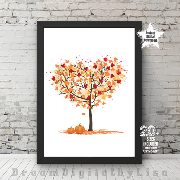 Autumn Heart Tree DIGITAL DOWNLOAD, Autumn Print, Fall Decor, Halloween Prints, Love Heart Print, Pumpkin Wall Art, Instant Digital Download