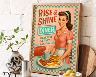 1950s Retro Kitchen Print Diner Poster Mid Century Modern Breakfast Print Vintage Pancake Wall Art Pastel Kitchen Decor Retro Housewife Art