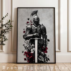 Medieval Knight Armour with Sword covered in Gothic Flowers DIGITAL Art Castlecore Fantasy Chivalry Wall Art Medieval Crusader Castle Decor