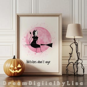 Póster imprimible de "Brujas de Halloween no envejecen", impresión divertida de Halloween, decoración de bruja rosa, regalo de cumpleaños divertido para ella, descarga digital instantánea