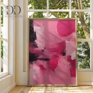 Roze abstracte schilderijprint, afdrukbare roze muurkunst, afdrukbare abstract, roze en zwarte print, roze moderne print, INSTANT DIGITALE DOWNLOAD