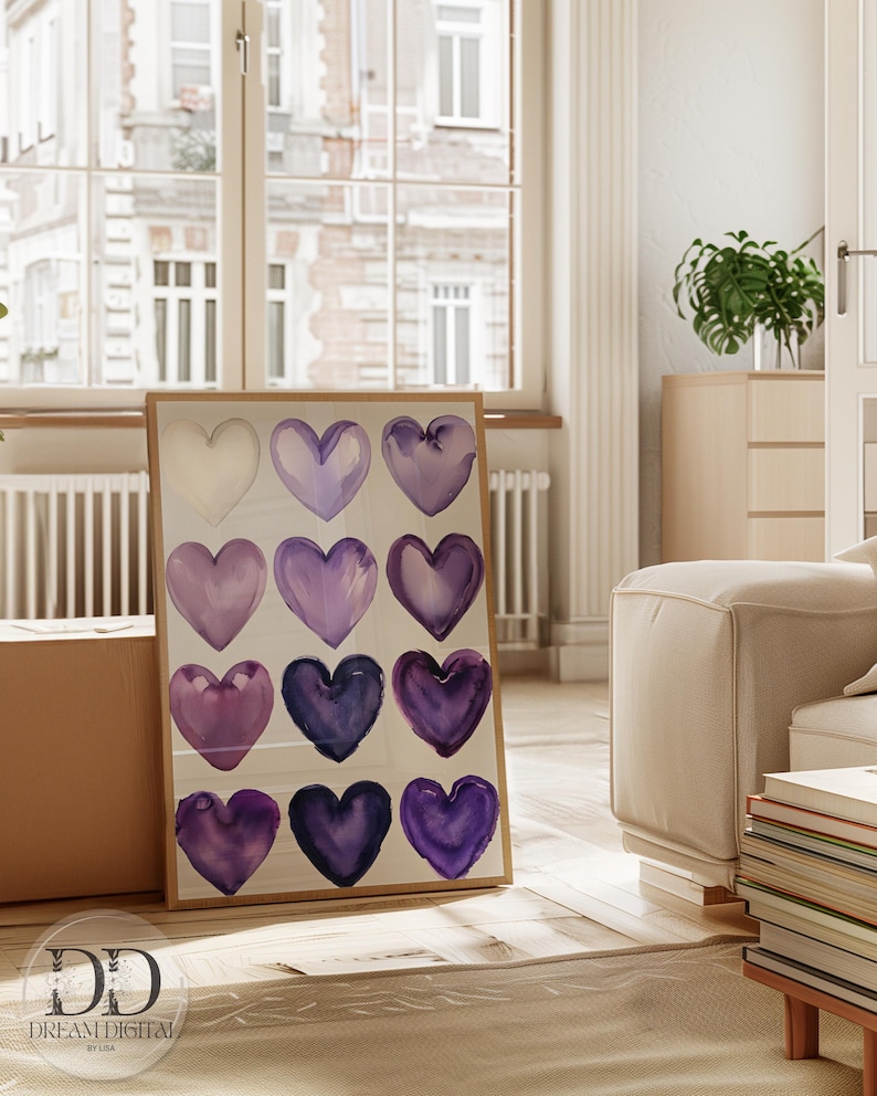 Shades of Purple Love Hearts Wall Art Watercolour Digital Art Purple ...