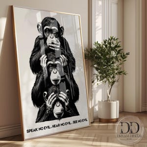 Impresión de chimpancé "No veo el mal, no oigo el mal, no digo el mal", arte divertido de monos, descarga digital, póster imprimible de Halloween, los tres monos sabios