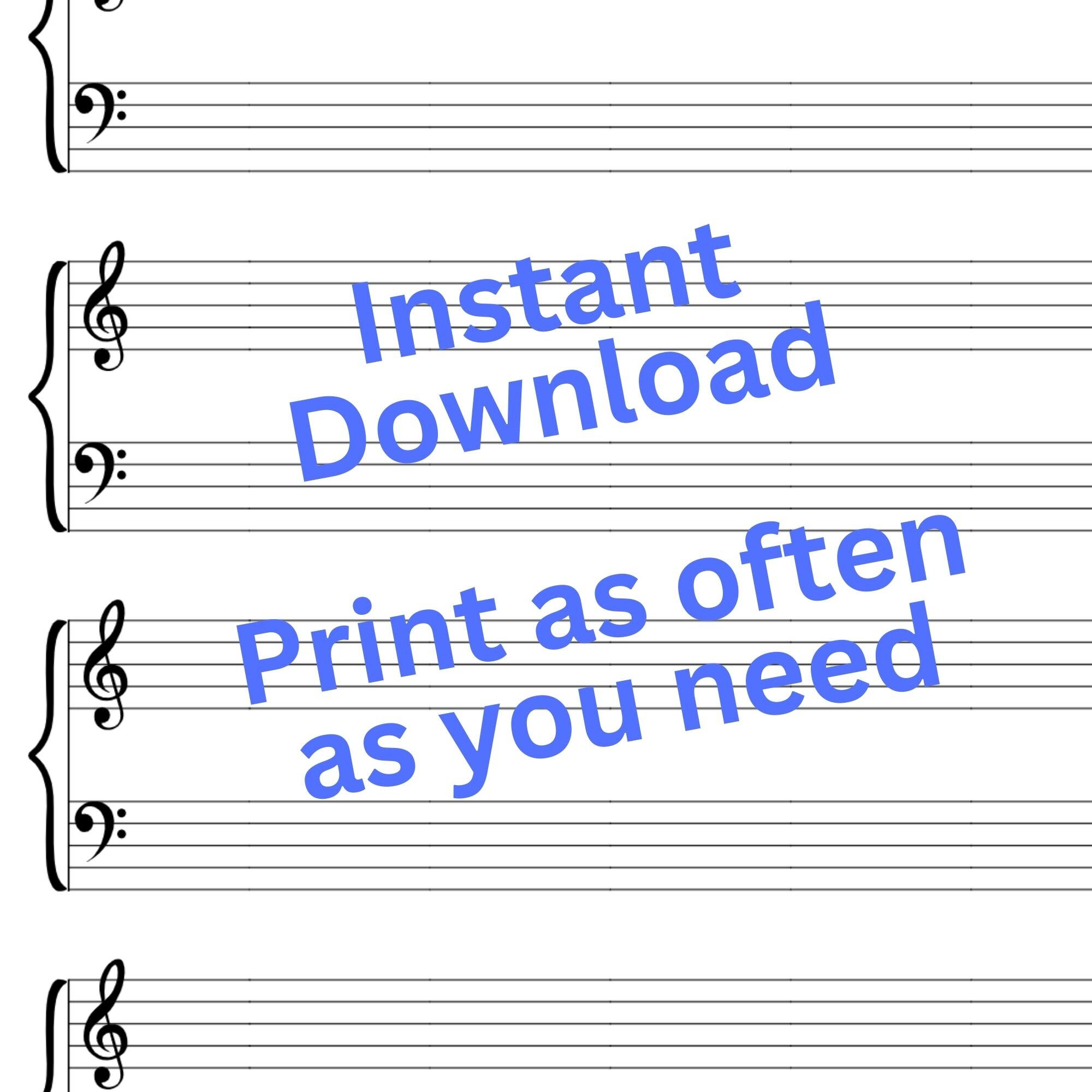 PRINTABLE Blank Sheet Music for A4/US Letter, Piano Staff Paper, Blank