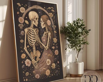 Skeleton Wedding Print, Gothic Floral Lovers Art, Romantic Skeleton Couple, Vintage Alternative Wall Decor DIGITAL ART, Skeleton Lovers