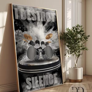 Drummer Wall Art Print: I Destroy Silence Drum Kit Poster, Music Studio Decor, Rock Drummer Gift (Digital Download)
