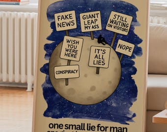 Póster del supuesto engaño del alunizaje – Impresión espacial sobre teorías de la conspiración – Descarga digital de arte mural con la Luna falsa