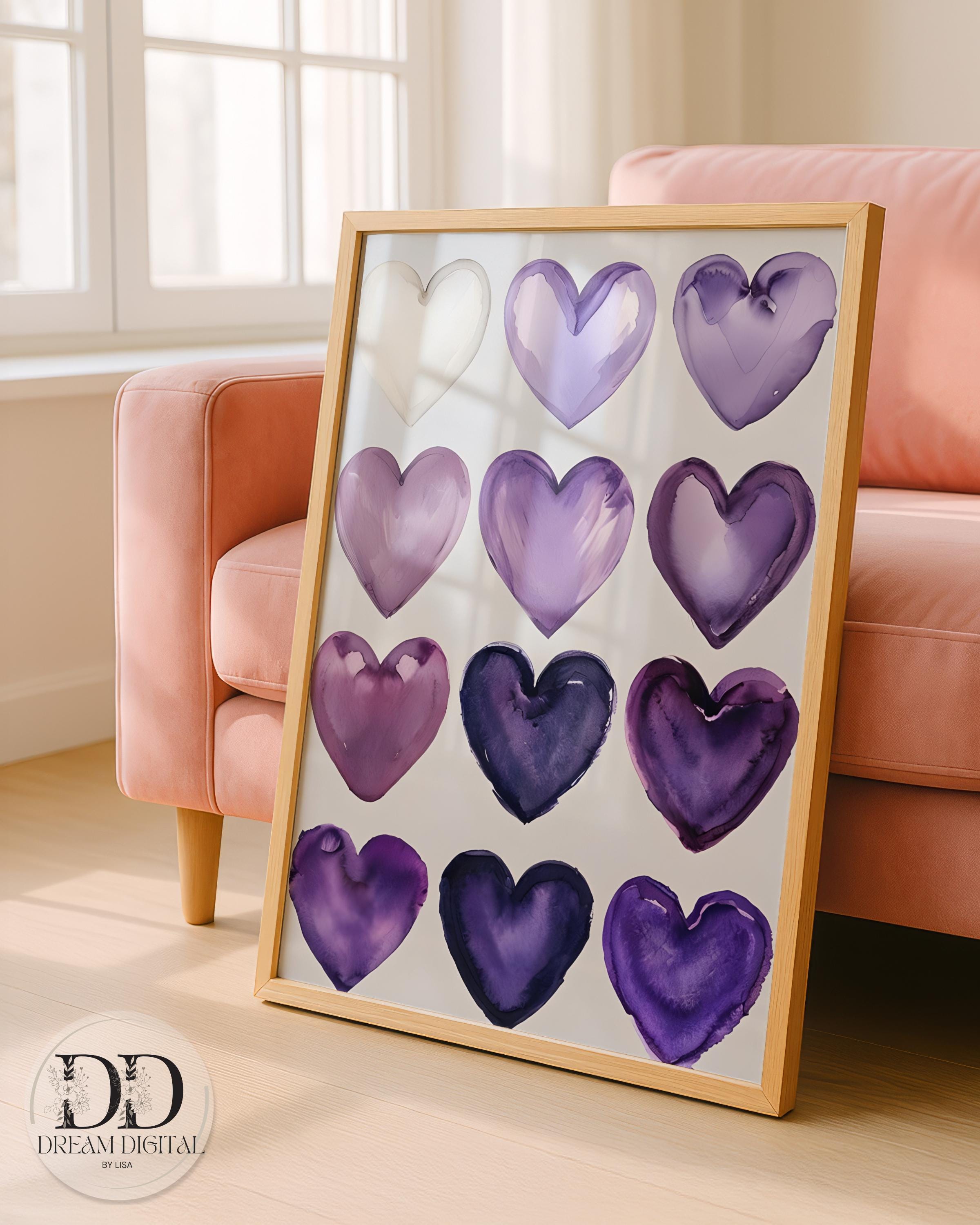 Shades of Purple Love Hearts Wall Art Watercolour Digital Art Purple ...