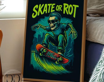 Poster stampabile con scheletro skateboarder, arte murale al neon con skater, arredamento audace per la stanza degli adolescenti, street art alternativa, poster con download DIGITALE istantaneo