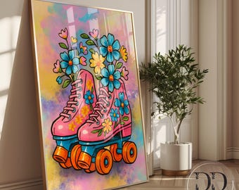 Retro Roller Skates Art Print Colourful Floral Funky 70s Poster Digital Download Gift for Teen Girl Bedroom Decor INSTANT DIGITAL DOWNLOAD