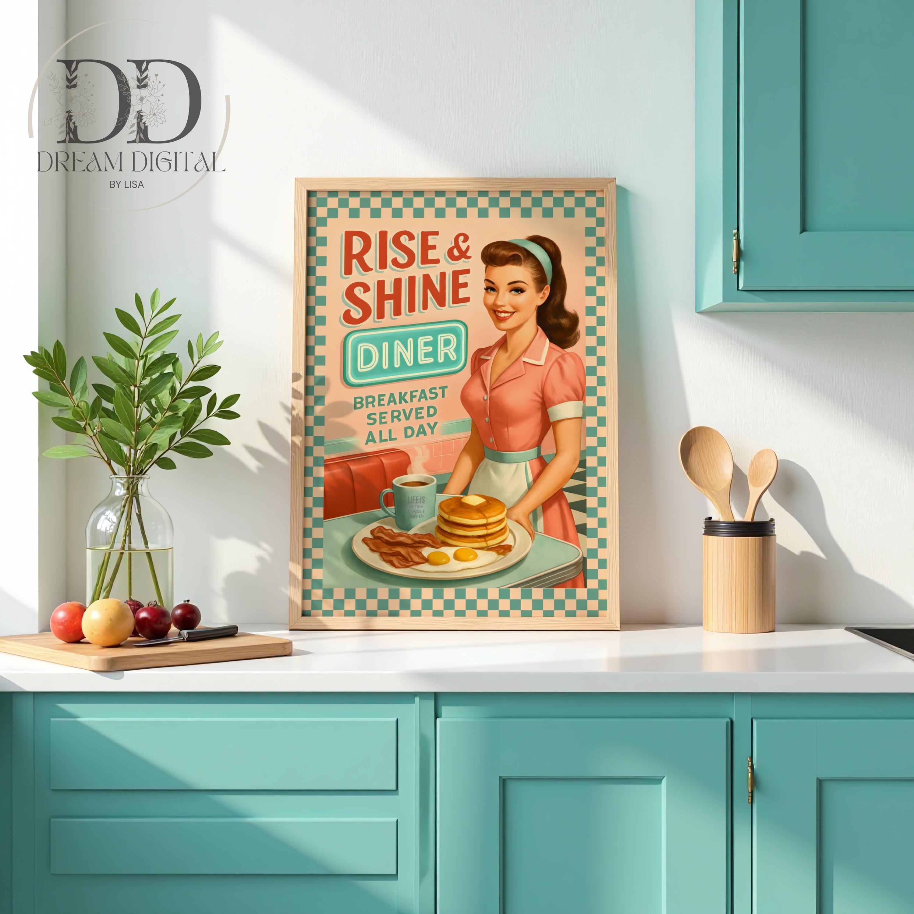 1950s Retro Kitchen Print Diner Poster Mid Century Modern Breakfast ...