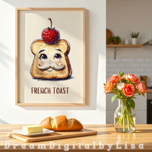 Kącik śniadaniowy Sztuka Dziwaczny Tost Francuski Zabawne Jedzenie Kuchnia Dekoracja Ścienna Bar śniadaniowy Wydruk Chleba Postać Jedzenia Wydruk Foodie CYFROWE POBIERANIE
