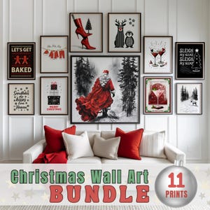 May include: A set of framed Christmas-themed wall art prints, featuring images of Santa Claus, festive cocktails, and holiday text. The prints are arranged above a white sofa with red and white cushions. The text "Christmas Wall Art Bundle" is at the bottom.