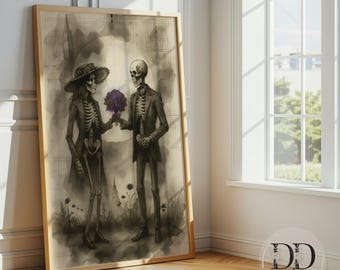 Gothic Skeleton Lovers Art Print, Dark Romance Skull Couple, Alternative Skeleton Wedding Decor, Macabre Bouquet Wall Art, DIGITAL DOWNLOAD