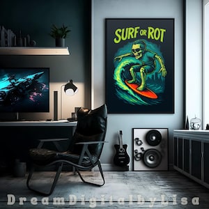 Printable Skeleton Surf Poster, Surf Wall Decor, Cool Teen Room Poster, Gifts For Surfers, Edgy Beach Surfboard Print, PRINTABLE DOWNLOAD
