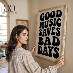 Retro Typography Music Quote Poster Bold Wall Art for Music Lovers Minimalist Beige Printable Decor Good Music Saves Bad Days DIGITAL PRINTS image 3