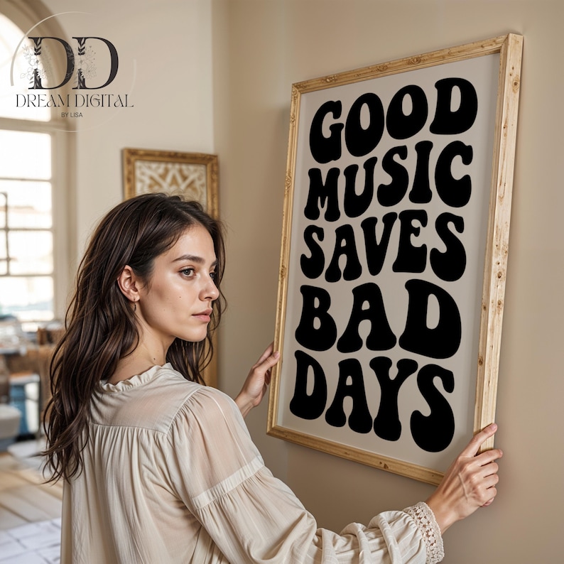 Retro Typography Music Quote Poster Bold Wall Art for Music Lovers Minimalist Beige Printable Decor Good Music Saves Bad Days DIGITAL PRINTS image 3