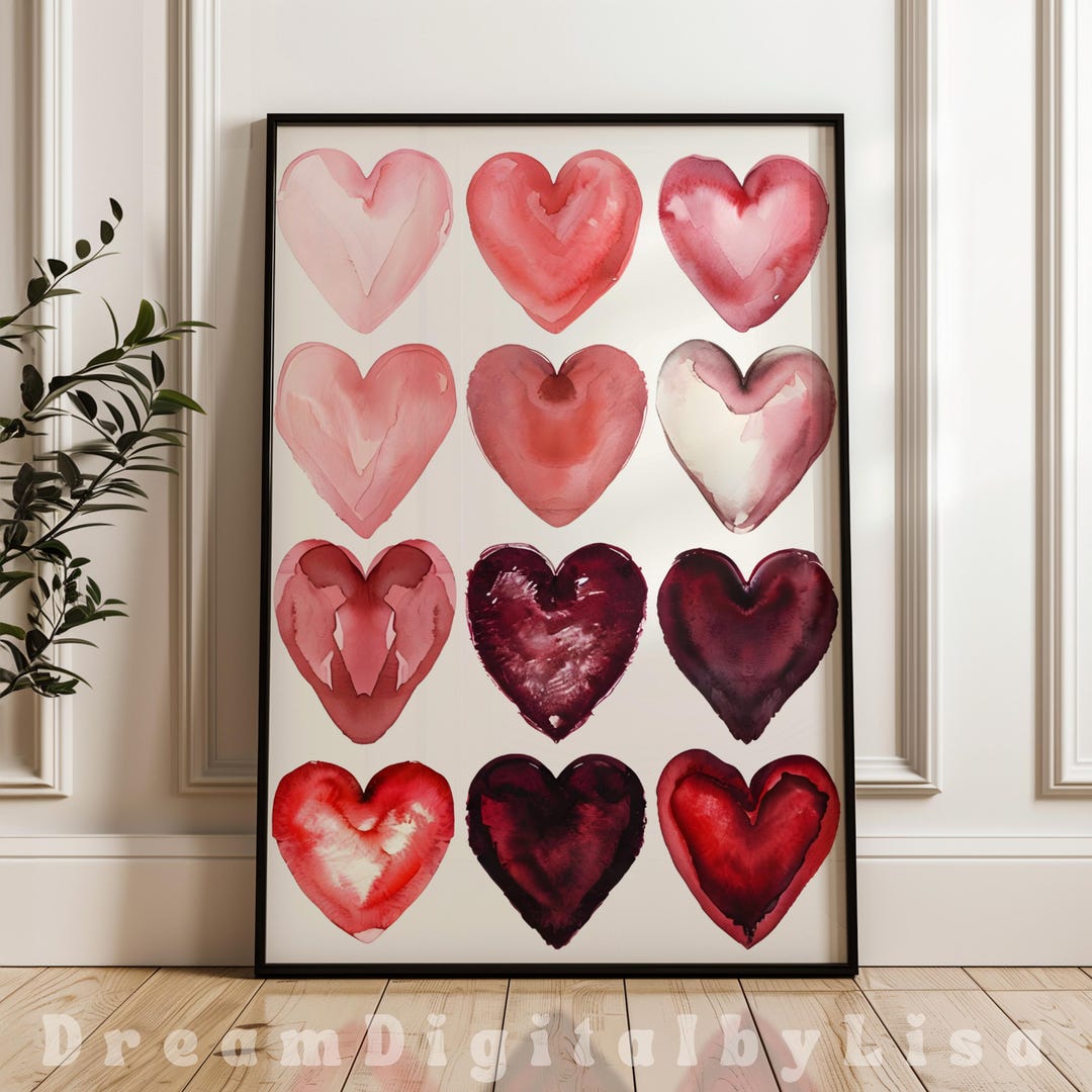 Shades of Red Love Hearts Wall Art Watercolour Digital Art Red Art Love ...