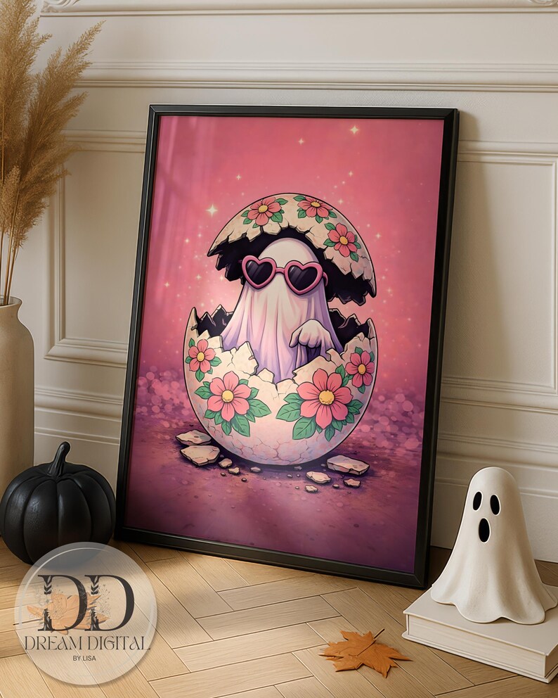 Pastel Ghost Halloween Printable Wall Art, Spooky Girly Decor, Heart