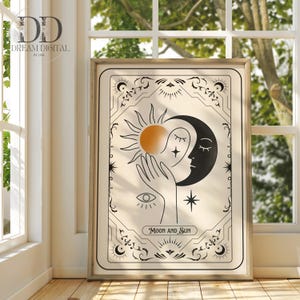 Stampa artistica con carte dei tarocchi Luna e Sole, arte murale astratta celeste, decorazione spirituale Boho, arte astratta lineare, decorazione stampabile in nero, crema e arancione