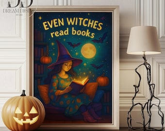 Póster de Halloween de libros, impresión de bruja leyendo que no da miedo, incluso las brujas leen libros, arte de pared para aula, niños, maestros, decoración de otoño, imprimible, descarga