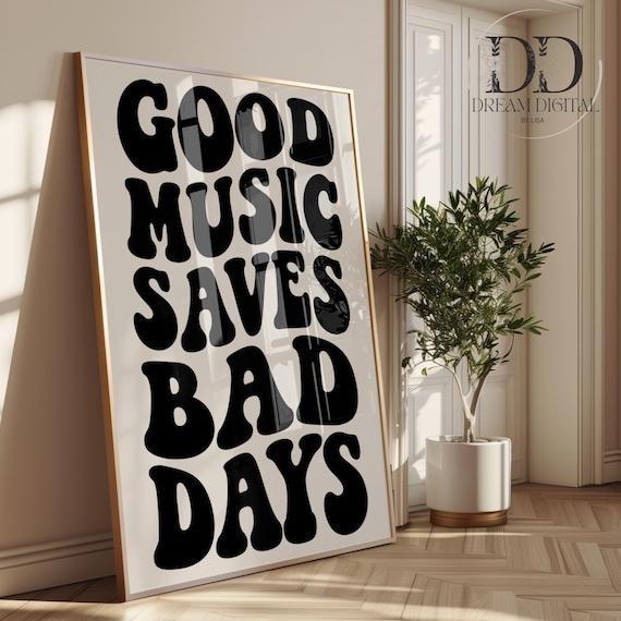 Retro Typography Music Quote Poster Bold Wall Art for Music Lovers Minimalist Beige Printable Decor Good Music Saves Bad Days DIGITAL PRINTS