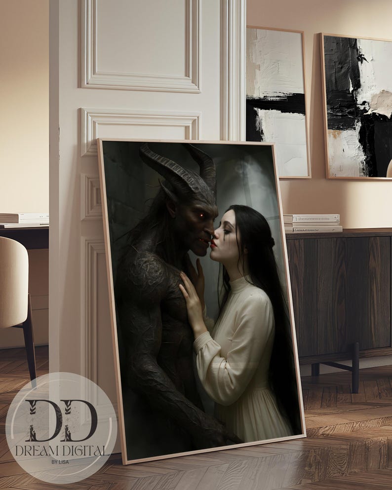 Immerse your space in dark fantasy with this gothic demon romance wall art, featuring a surreal encounter between an ethereal woman and a menacing demon beast. This hauntingly beautiful macabre print blends gothic horror and romance, making it perfect as gothic couple artwork, fantasy lover decor, or a unique Halloween gift. The moody, surreal atmosphere and intricate details create a statement piece for fans of dark romance art, occult gifts, gothic decor, and alternative home styling.