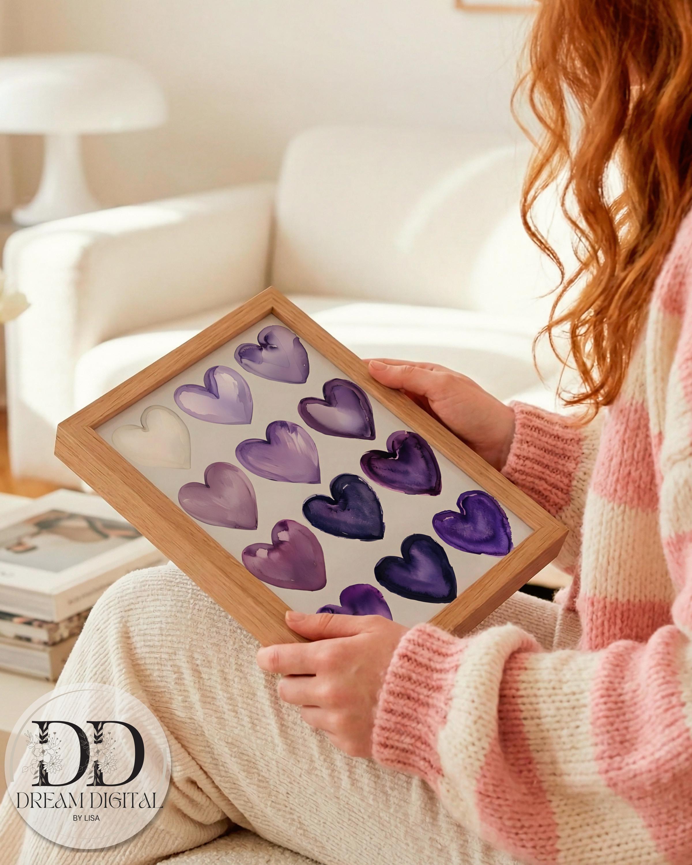 Shades of Purple Love Hearts Wall Art Watercolour Digital Art Purple ...