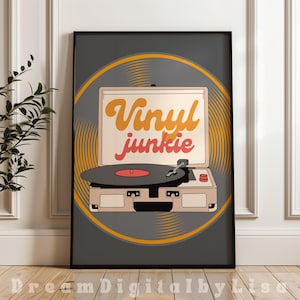 Retro vinylplaat junkie print vinyl afdrukbare poster vinylplaten kunst muziekliefhebbers geschenken draaitafel muziekverzamelaar cadeau digitale download