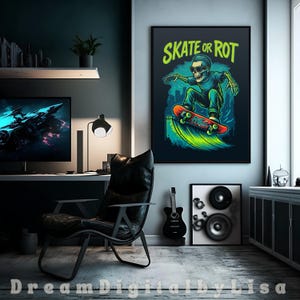 Pôster de esqueleto skatista para impressão, arte de parede de skatista neon, decoração de quarto de adolescente ousada, arte de rua alternativa, pôster para download digital instantâneo